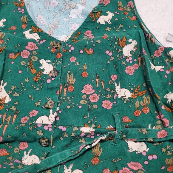 Modcloth Emerald Green White Bunny Floral Spring Linen Dress XL Cottage Eclectic - Picture 2 of 9